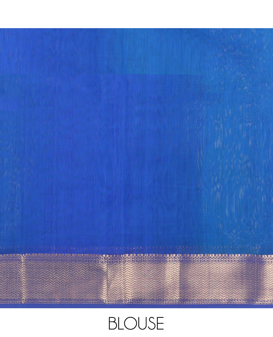 M.s Blue Maheshwari Cotton Saree, Detailed with Floral Zari Buttas, a Zari Chevron Striped Border, Zari Striped Pallu, and a Matching Blouse