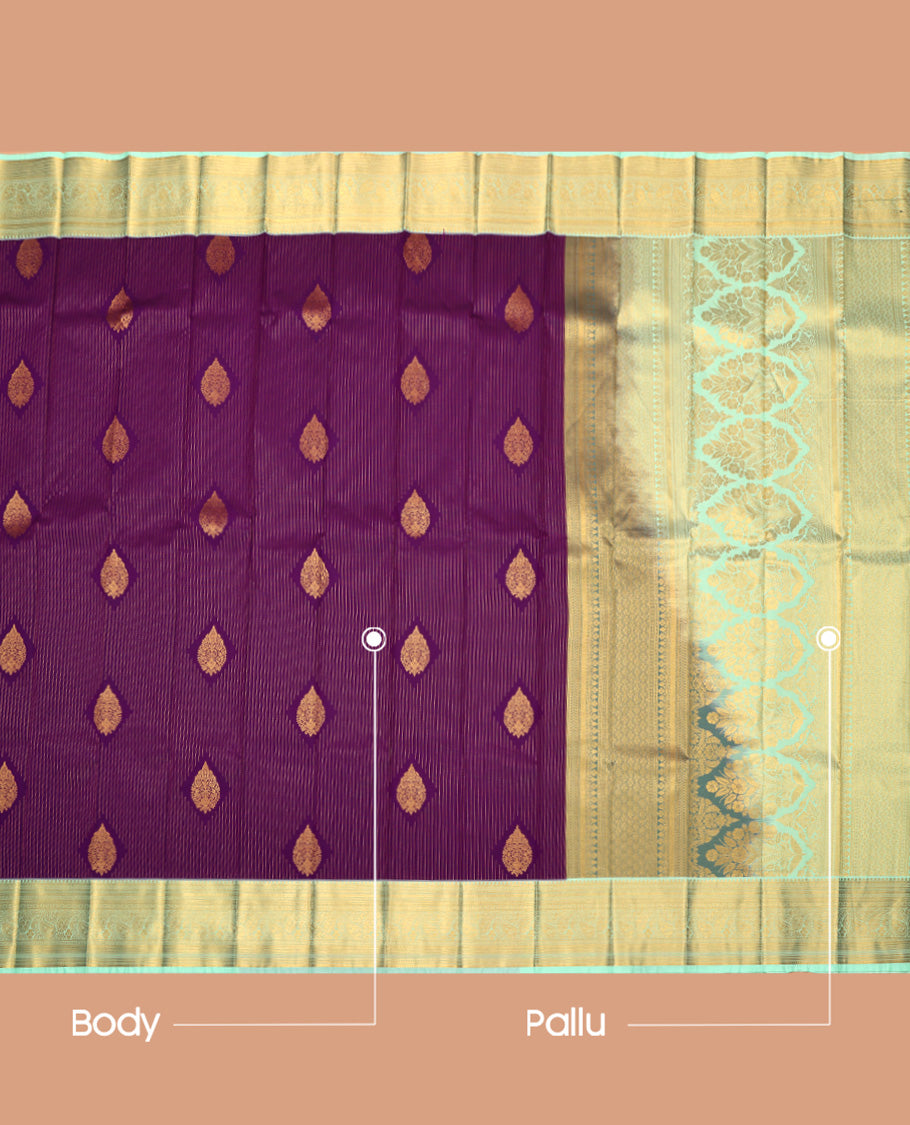 Purple Budget Silk Saree, Embellished with Zari Buttas and Stripes, Complemented by a Contrast Traditional Zari Border, Grand Pallu, and Contrast Blouse