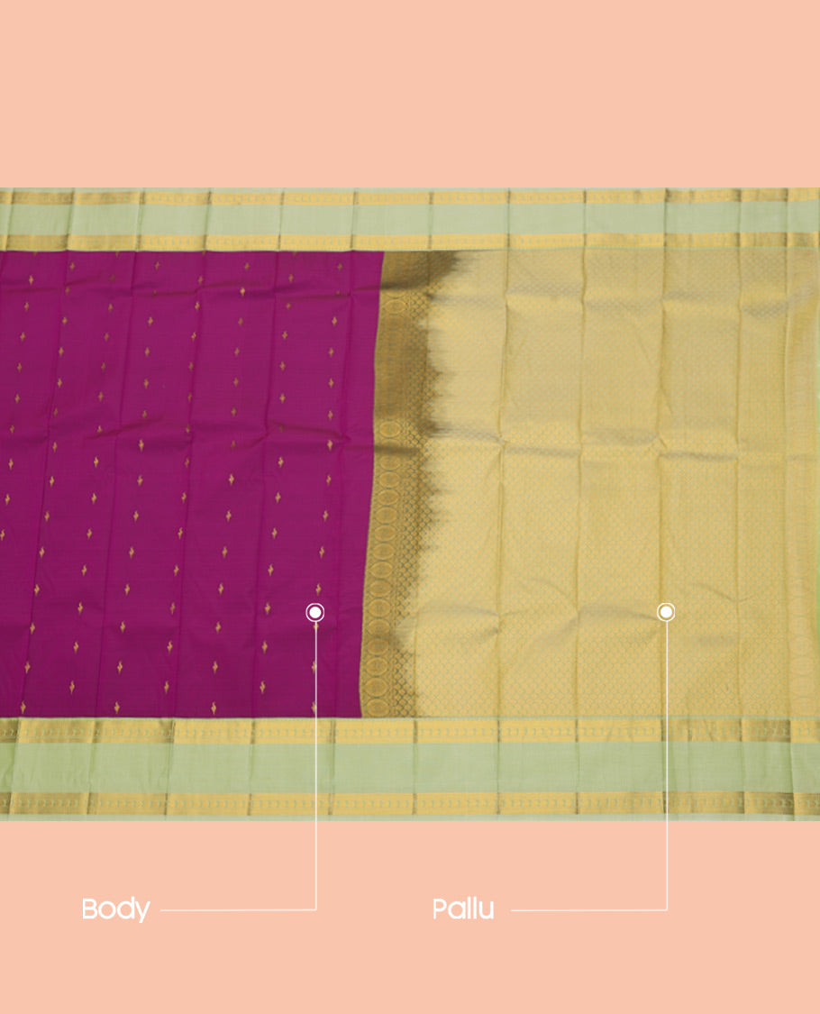 Purple Budget Silk Saree, Woven with Zari Buttas, Complemented by a Contrast Traditional Zari Rettai Pettu Border, Grand Pallu, and Contrast Blouse