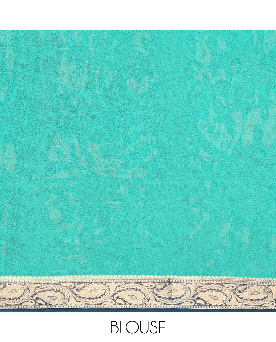 Blue paisley vine semi-banaras printed saree, contrast paisleys border & intricate pallu