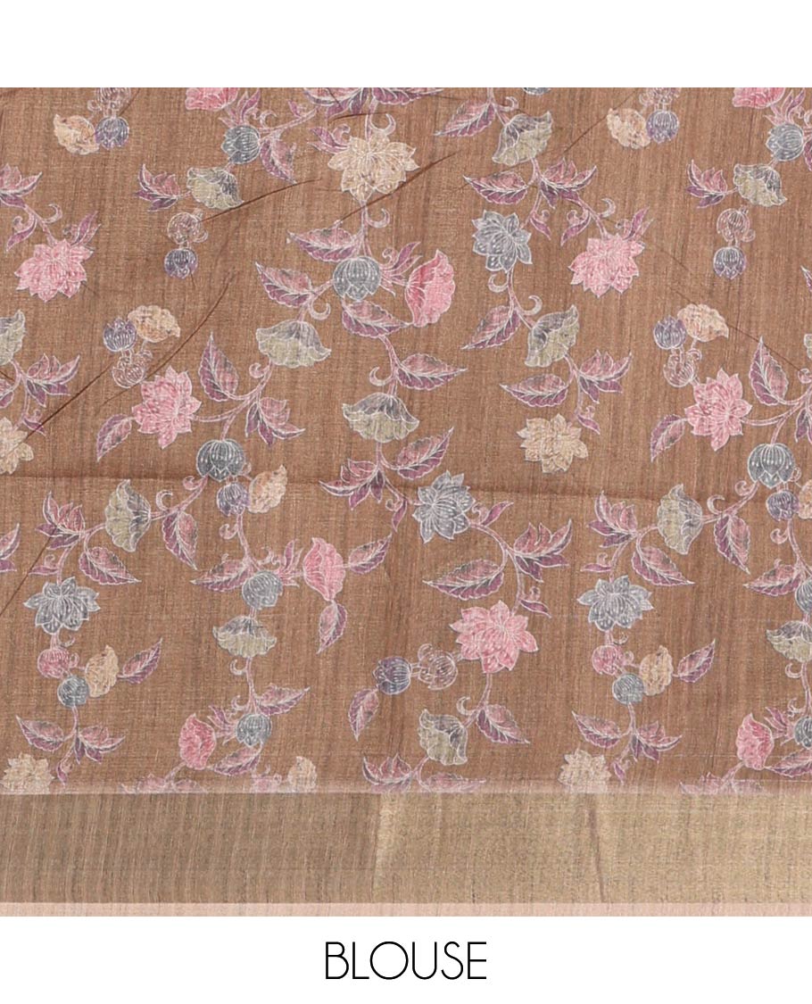 Brown hand-brush-dye theme printed semi-tusser silksaree,bavanji zari border,Madhubani printed pallu & floral print blouse