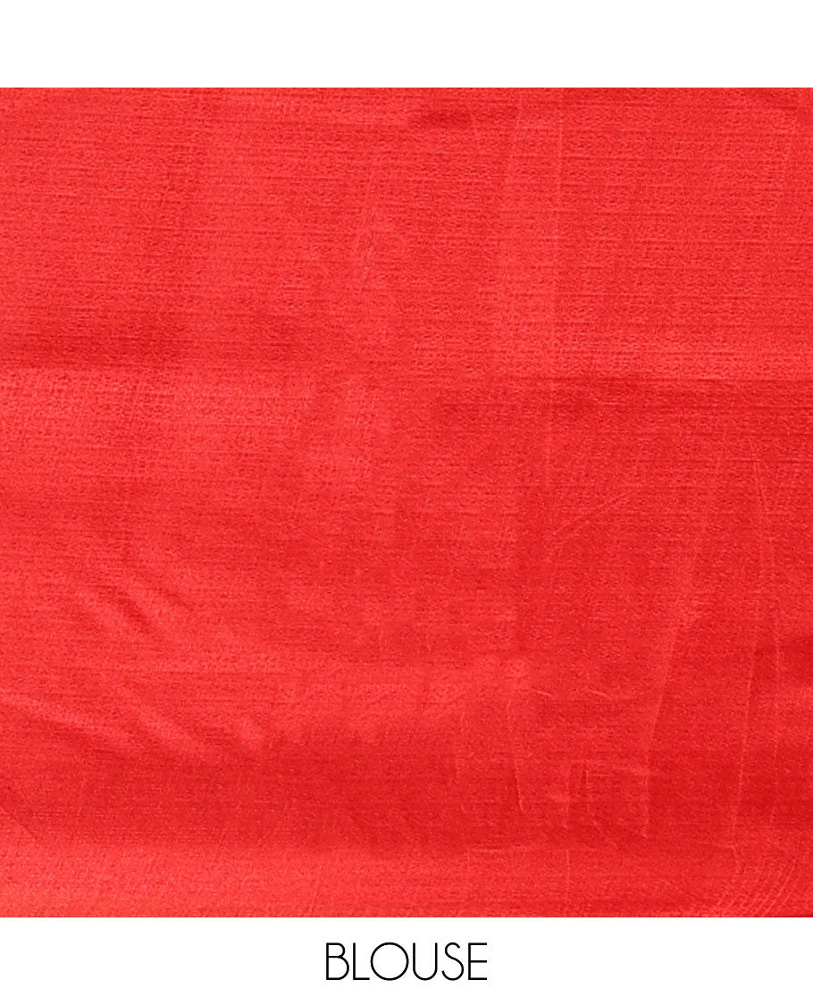 Black batik-style geometric motifs block printed khadi cotton saree,contrast border, batik floral print pallu & plain red blouse