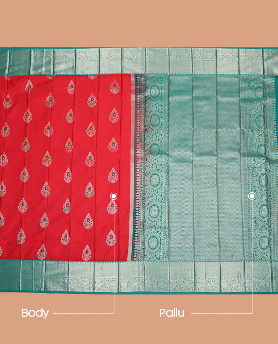 Red Budget Silk Saree, Decked Up with Zari Buttas on Its Body, Complemented by a Contrast Traditional Zari Design Border, Pallu of Jaal Designs, and Paired with a Contrast Blouse