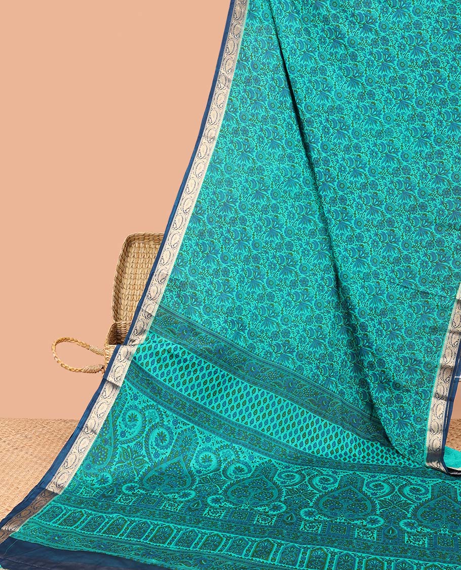 Blue paisley vine semi-banaras printed saree, contrast paisleys border & intricate pallu