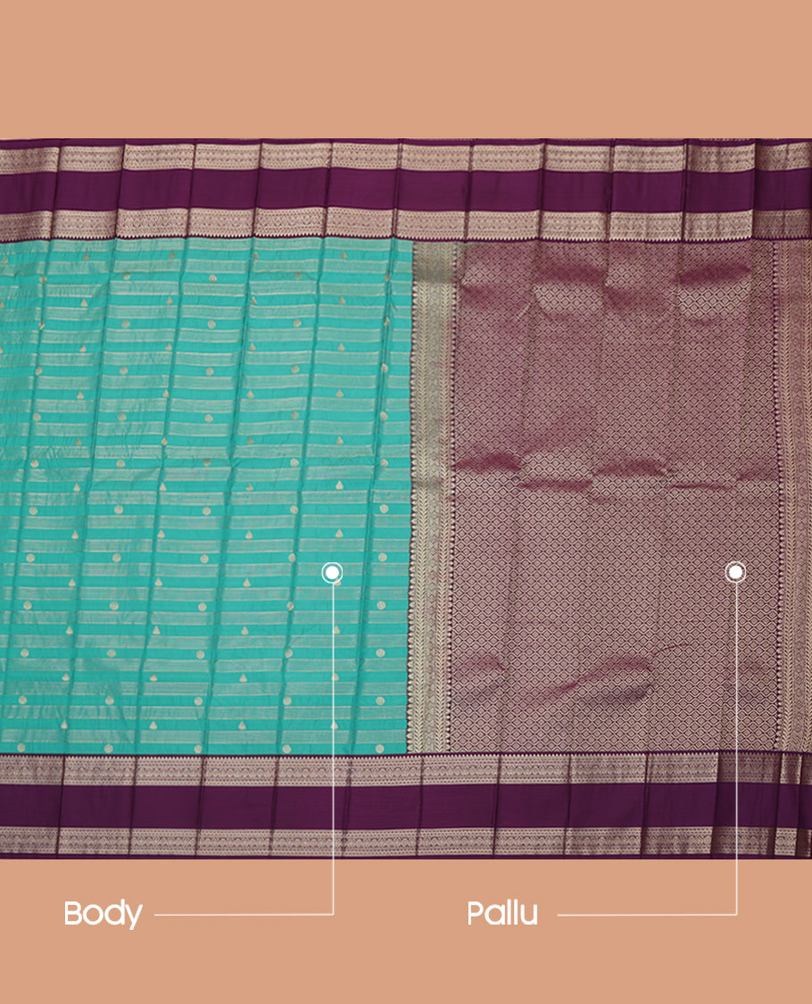 Blue Budget Silk Saree, Woven with Zari Buttas and Stripes, a Contrast Traditional Zari Rettai Pettu Border, Grand Pallu, and a Contrast Blouse