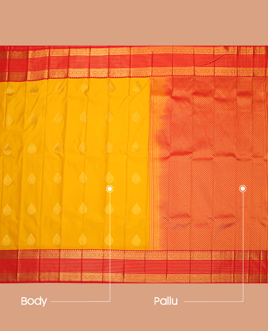Mustard Budget Silk Saree, Elevated with Zari Buttas, Complemented by a Contrast Traditional Zari Border, Grand Jaal Pallu, and Contrast Blouse
