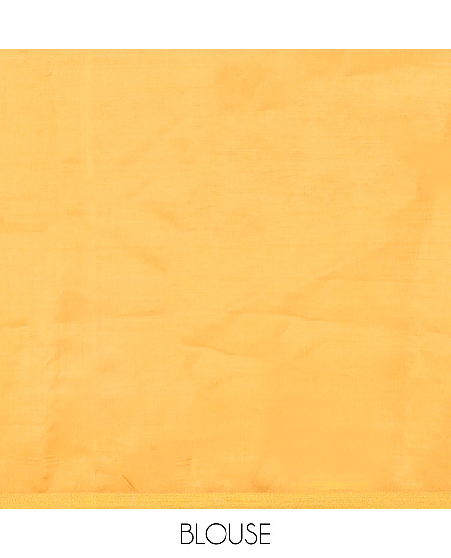 Yellow shibori motifs printed Banana pith saree, golden zari bavanji border, and pallu steeped with sparse gold lines
