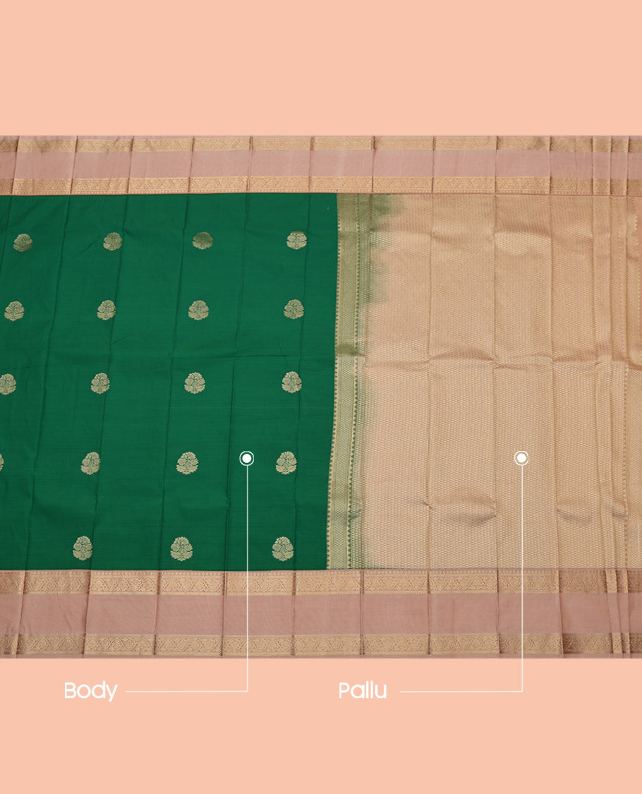 Green Budget Silk Saree, Ornamented with Zari Buttas, Complemented by Contrast Traditional Rettai Pettu Border, Jaal Pallu and a Contrast Blouse