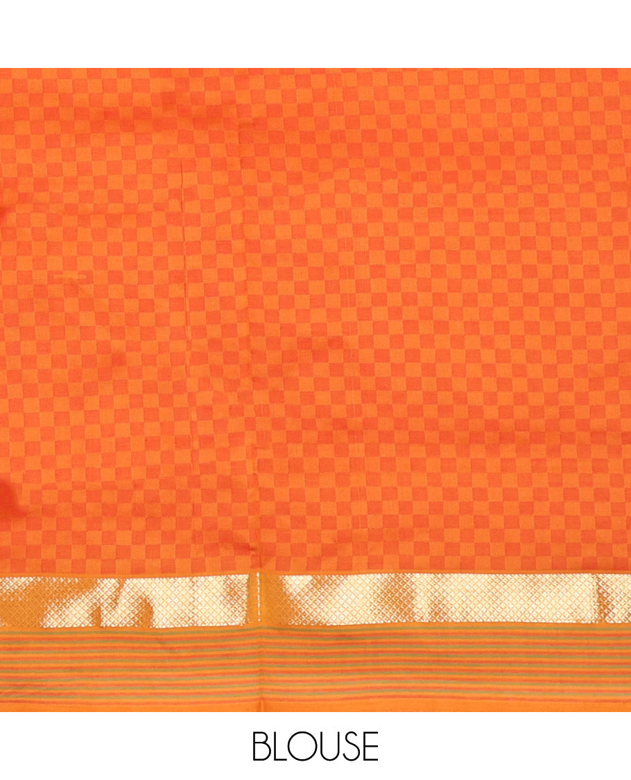 Candy Pink Checked Poly Cotton Saree, Complemented by a Contrast Zari Border, Contrast Striped Pallu, and Paired with a Contrast Blouse