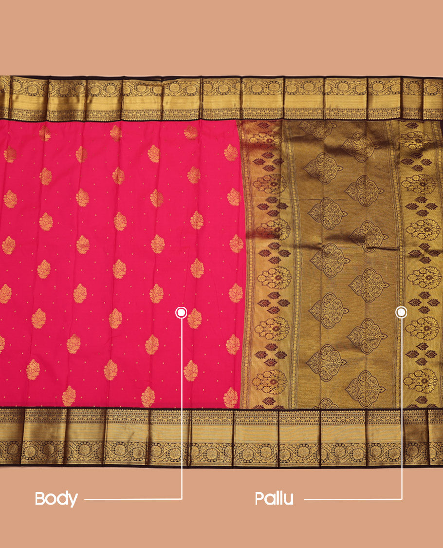 Pink Budget Silk Saree, Prettified with Zari Buttas on Its Body, Complemented by a Contrast Traditional Zari Design Border, Intricately Designed Pallu, and Paired with a Contrast Blouse
