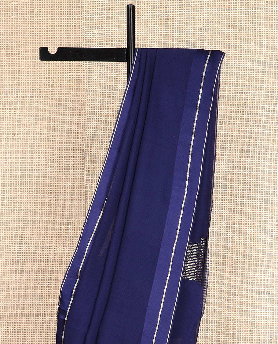 Navy blue plain design pure chiffon saree, zari border of neli kathir design, and pallu steeped with zari stripes