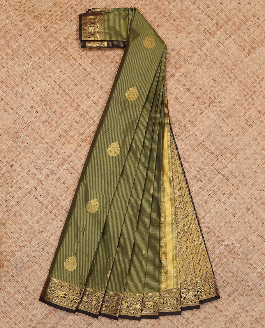 Green Budget Silk Saree, Delicately Woven Zari Buttas and Stripes, Complemented by Contrast Traditional Zari Border, a Jaal Pallu and a Contrast Blouse