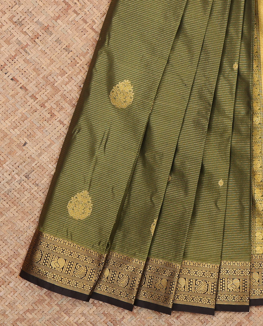 Green Budget Silk Saree, Delicately Woven Zari Buttas and Stripes, Complemented by Contrast Traditional Zari Border, a Jaal Pallu and a Contrast Blouse