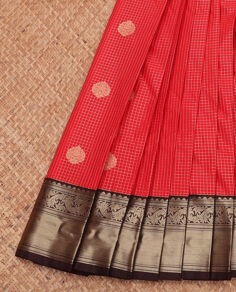 Red Budget Silk Saree, Woven with Zari Buttas and Checks, Complemented by a Contrast Traditional Zari Border, Grand Pallu, and Contrast Blouse