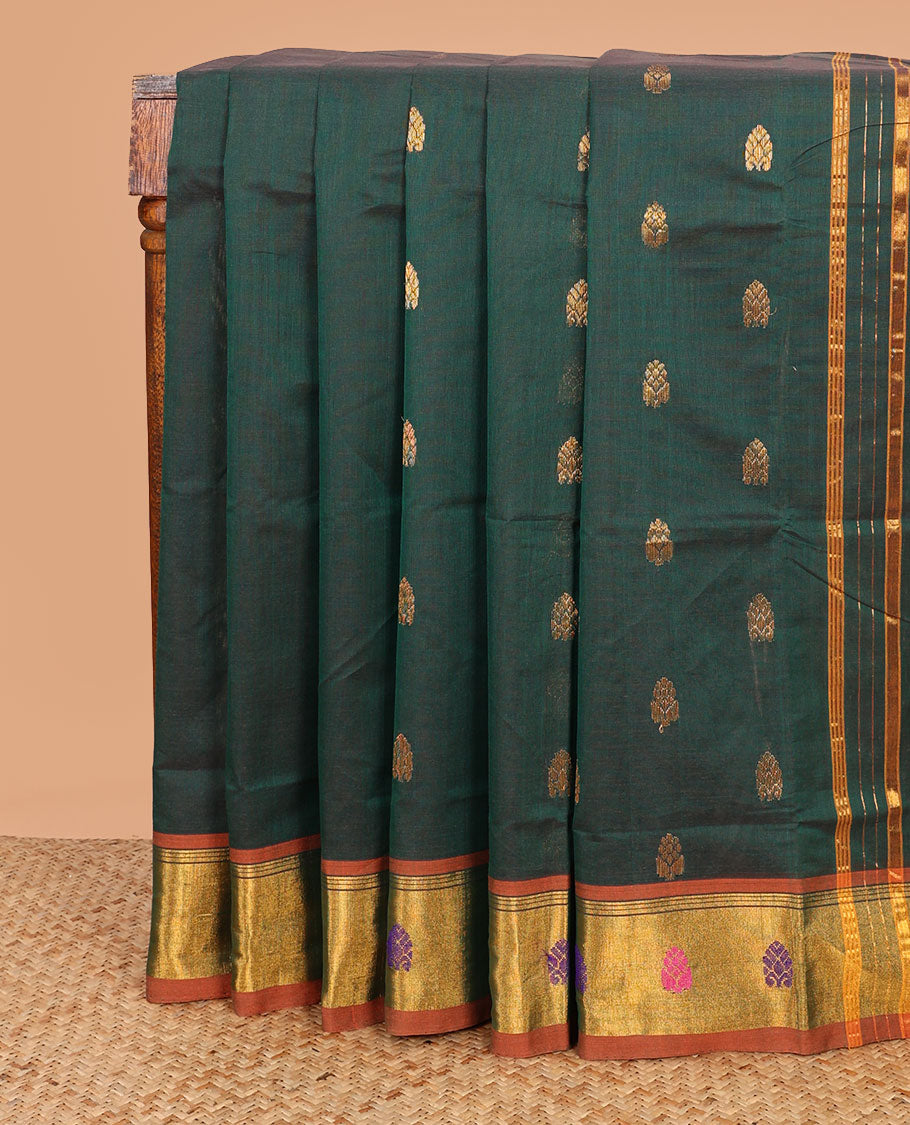 Green zari buttas Venkatagiri cotton saree, contrast zari and thread border, and zari striped pallu