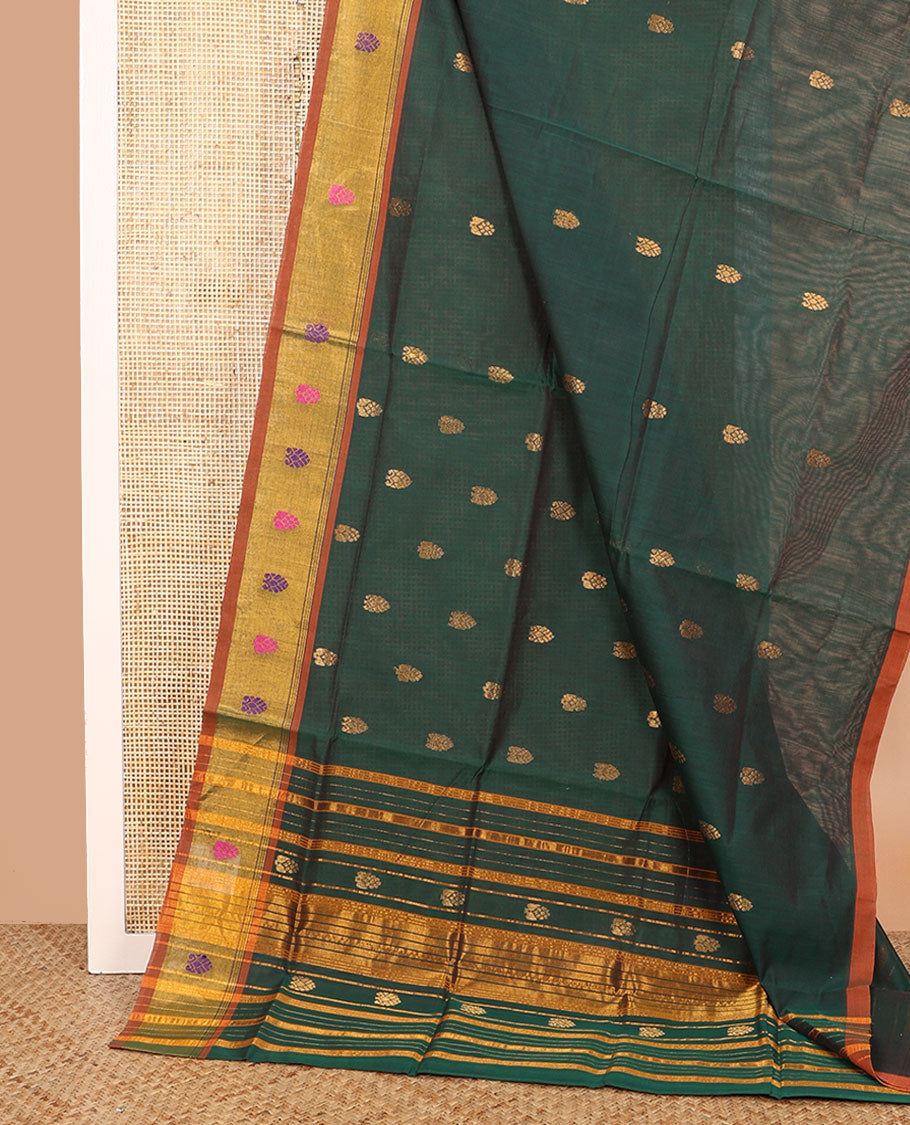Green zari buttas Venkatagiri cotton saree, contrast zari and thread border, and zari striped pallu