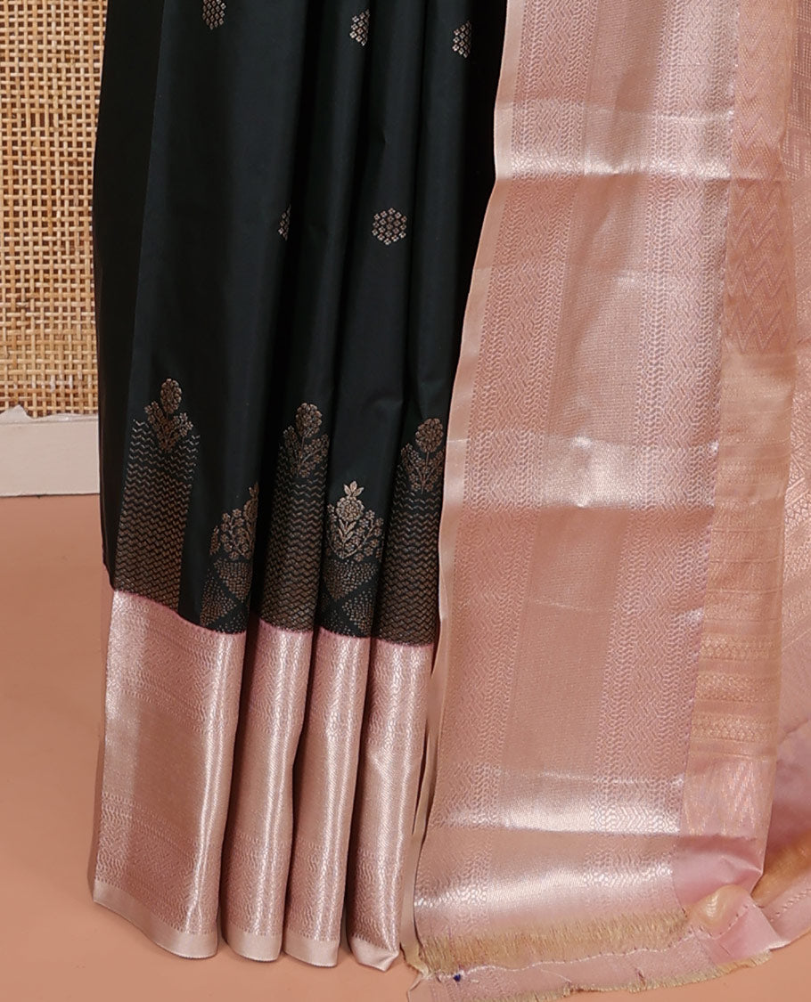 Deep Green Budget Silk Saree, Spotlighted with Zari Buttas on Its Body, Complemented by a Contrast Traditional Zari Design Border, Chevron Design Pallu, and Paired with a Contrast Blouse