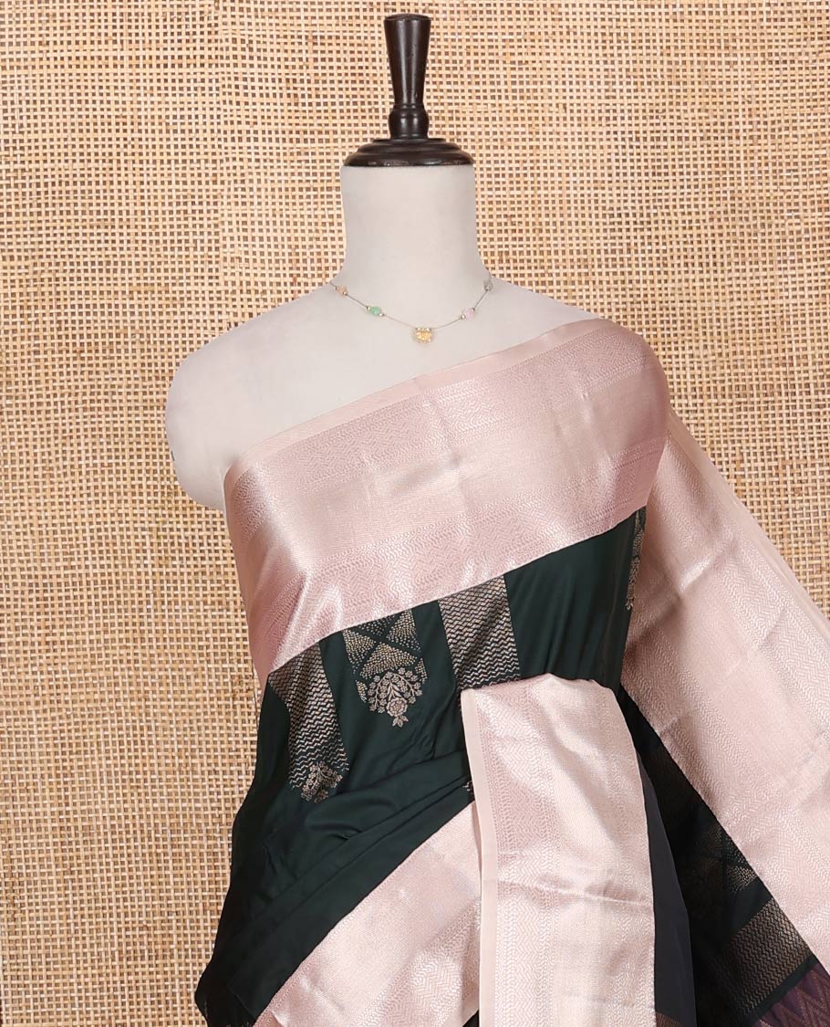 Deep Green Budget Silk Saree, Spotlighted with Zari Buttas on Its Body, Complemented by a Contrast Traditional Zari Design Border, Chevron Design Pallu, and Paired with a Contrast Blouse