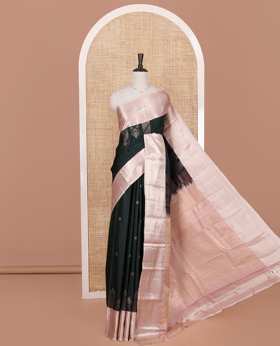 Deep Green Budget Silk Saree, Spotlighted with Zari Buttas on Its Body, Complemented by a Contrast Traditional Zari Design Border, Chevron Design Pallu, and Paired with a Contrast Blouse