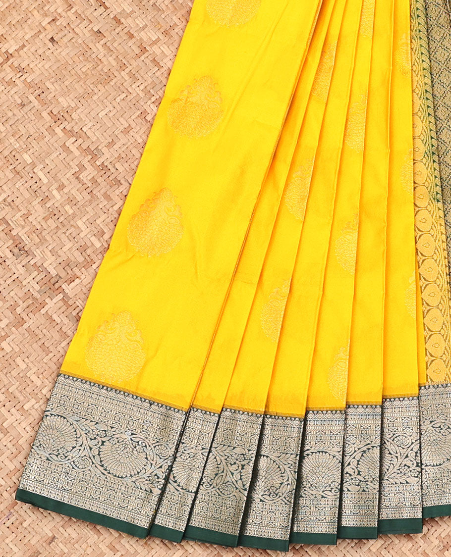 Yellow Budget Silk Saree, Subtly Sparkled with Zari Buttas, Captivating Contrast Traditional Zari Design Border, Grand Jaal Pallu, and Has a Contrast Blouse