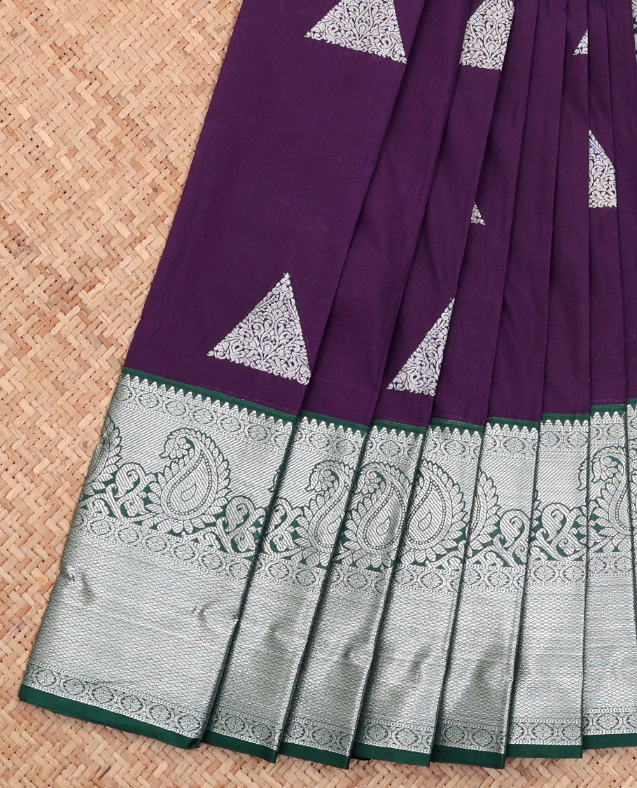 Violet Budget Silk Saree, Bedecked with Triangle Buttas All Over Its Body, Complemented by a Contrast Traditional Zari Design Border, Grand Jaal Pallu, and Paired with a Contrast Blouse