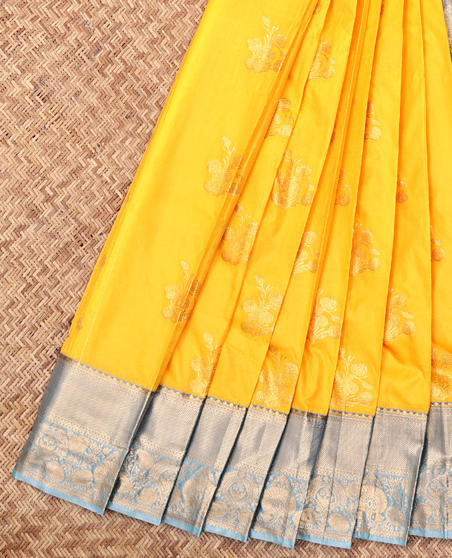 Yellow Budget Silk Saree, Highlighted by Zari Buttas, Complemented by Contrast Traditional Zari Border, a Grand Jaal Pallu and a Contrast Blouse