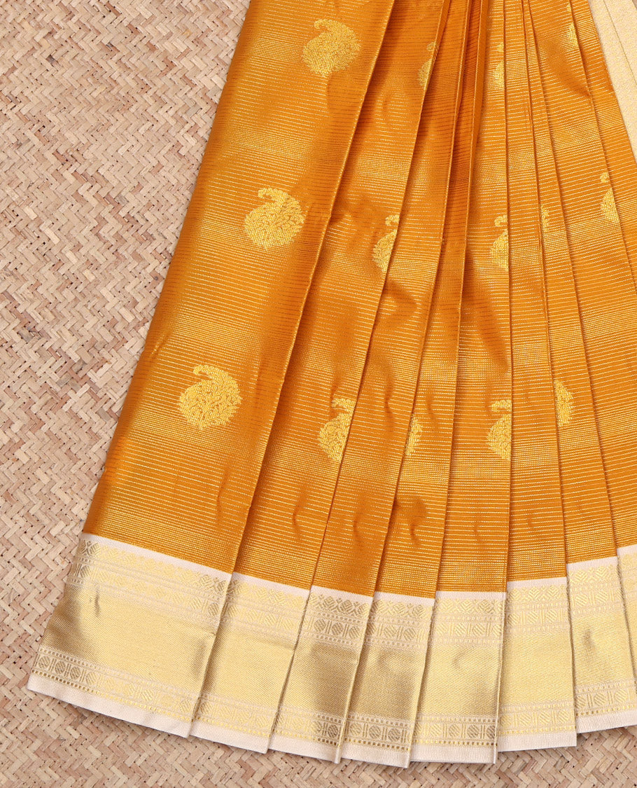 Orange Budget Silk Saree, Delicately Woven with Paisley Buttas and Stripes on Its Body, Complemented by a Contrast Traditional Zari Design Border, Grand Pallu, and Paired with a Contrast Blouse