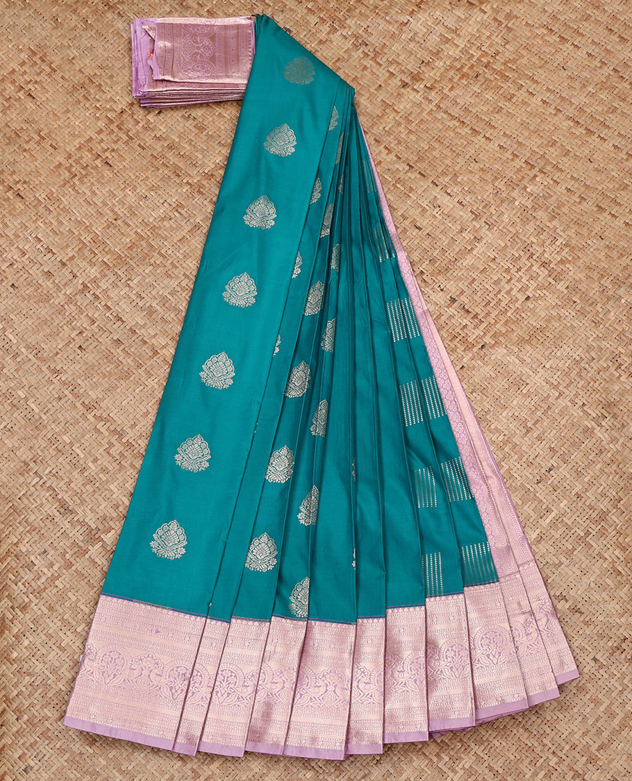 Peacock Blue Budget Silk Saree, Mesmerized with Zari Buttas All Over Its Body, Complemented by a Contrast Traditional Zari Design Border, Intricate Pallu, and Paired with a Contrast Blouse