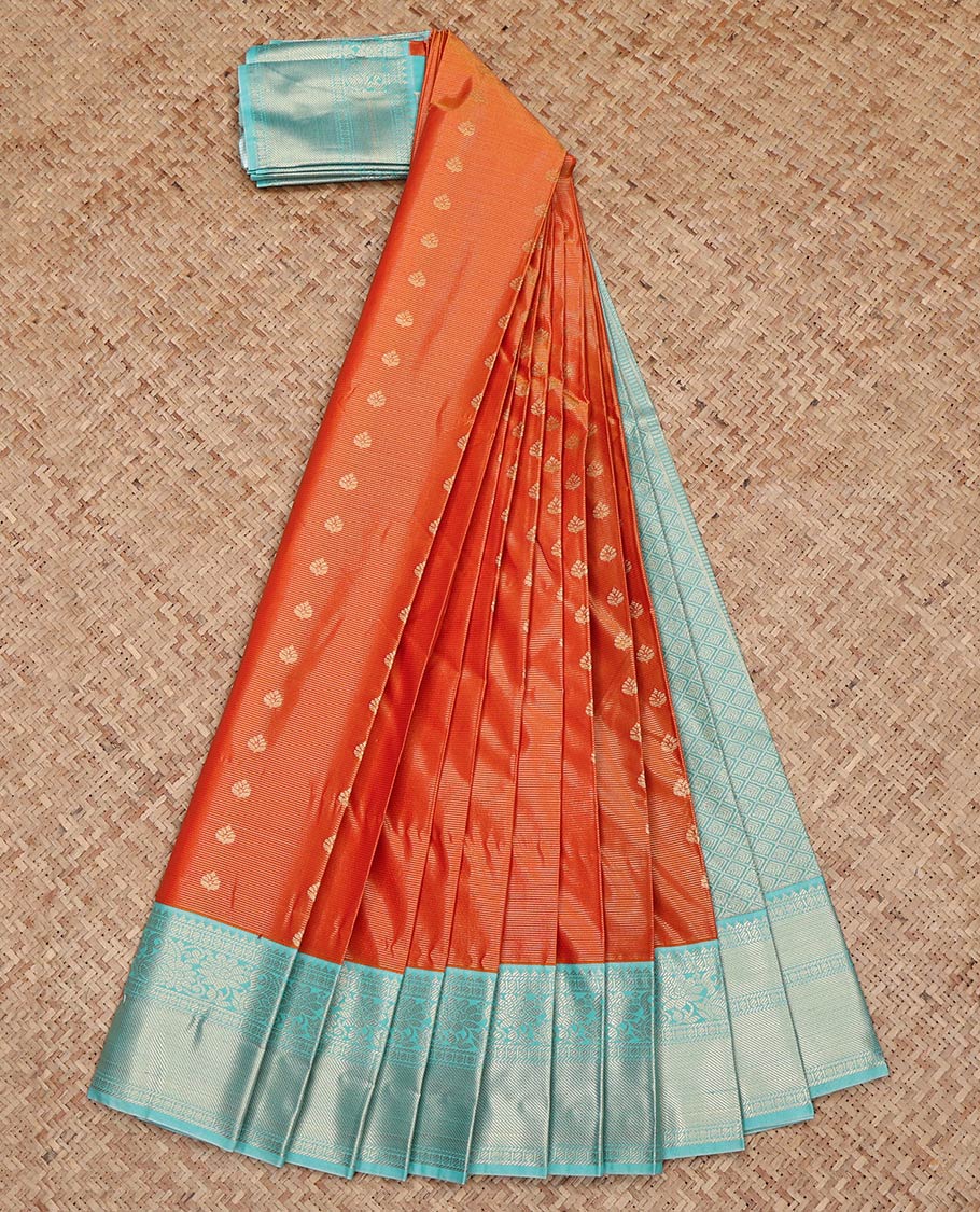 Orange Budget Silk Saree, Richly Detailed with Zari Buttas and Zari Stripes on Its Body, Complemented by a Contrast Traditional Zari Design Border, Grand Jaal Pallu, and Paired with a Contrast Blouse