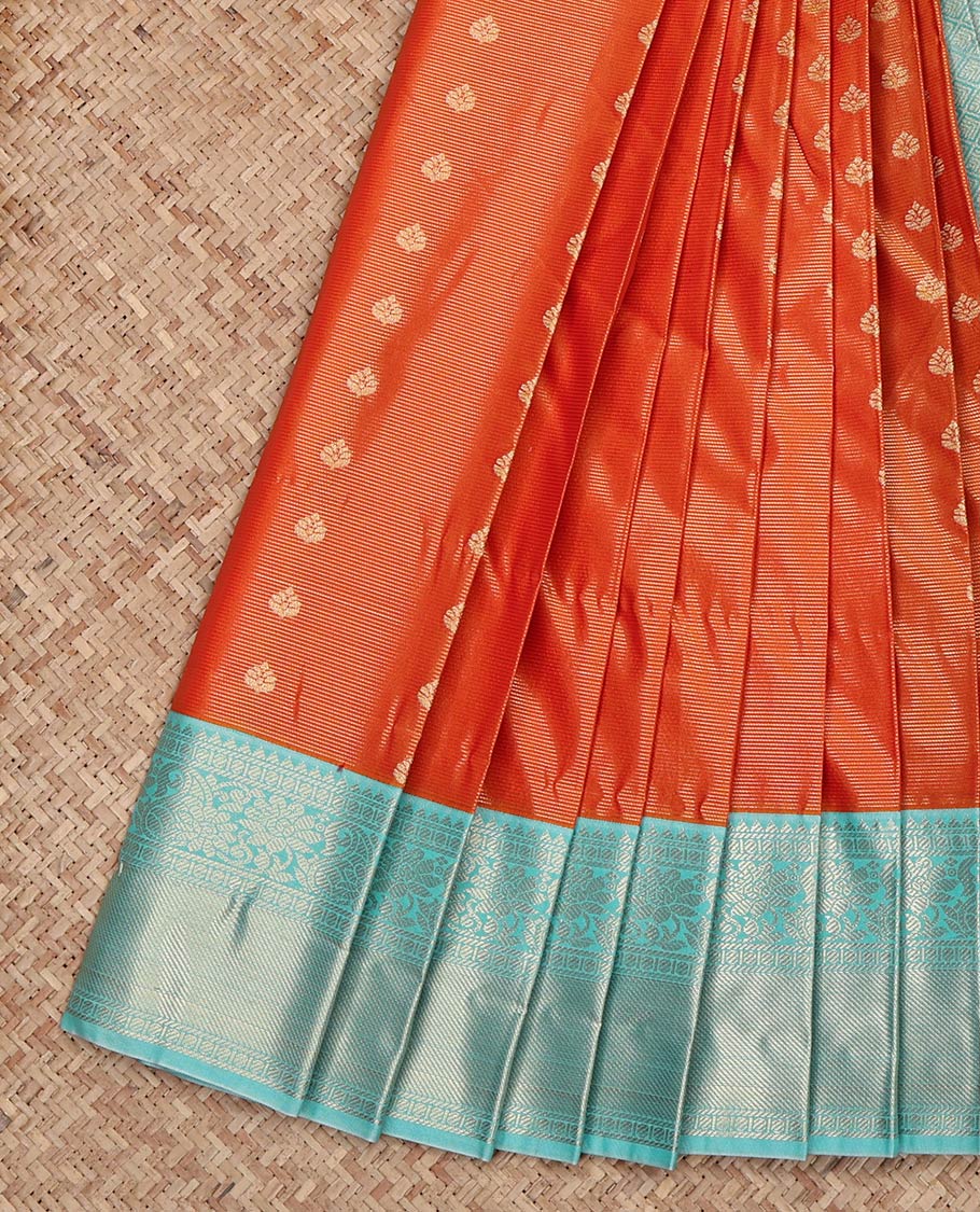 Orange Budget Silk Saree, Richly Detailed with Zari Buttas and Zari Stripes on Its Body, Complemented by a Contrast Traditional Zari Design Border, Grand Jaal Pallu, and Paired with a Contrast Blouse