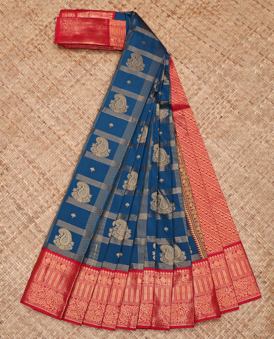 Blue Budget Silk Saree, Decked Up with Paisley Butta Enclosed Checks on Its Body, Complemented by a Contrast Traditional Zari Design Border, Grandly Decked Up Pallu, and Paired with a Contrast Blouse