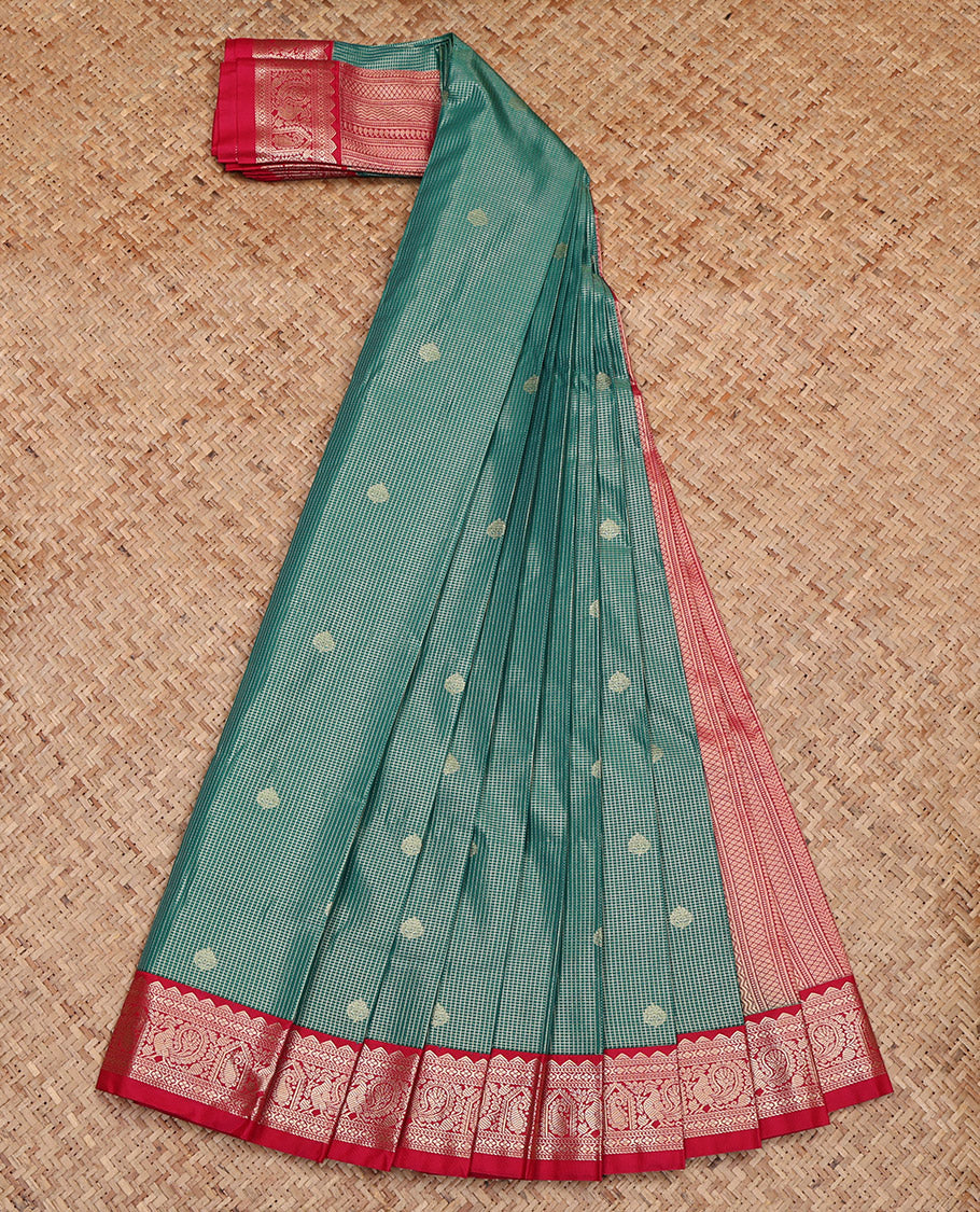 Green Budget Silk Saree, Accentuated with Zari Buttas and Checks, Complemented by Contrast Traditional Border, Geometric Pallu and a Contrast Blouse
