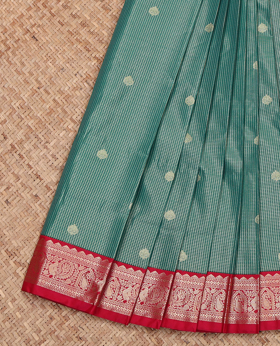 Green Budget Silk Saree, Accentuated with Zari Buttas and Checks, Complemented by Contrast Traditional Border, Geometric Pallu and a Contrast Blouse