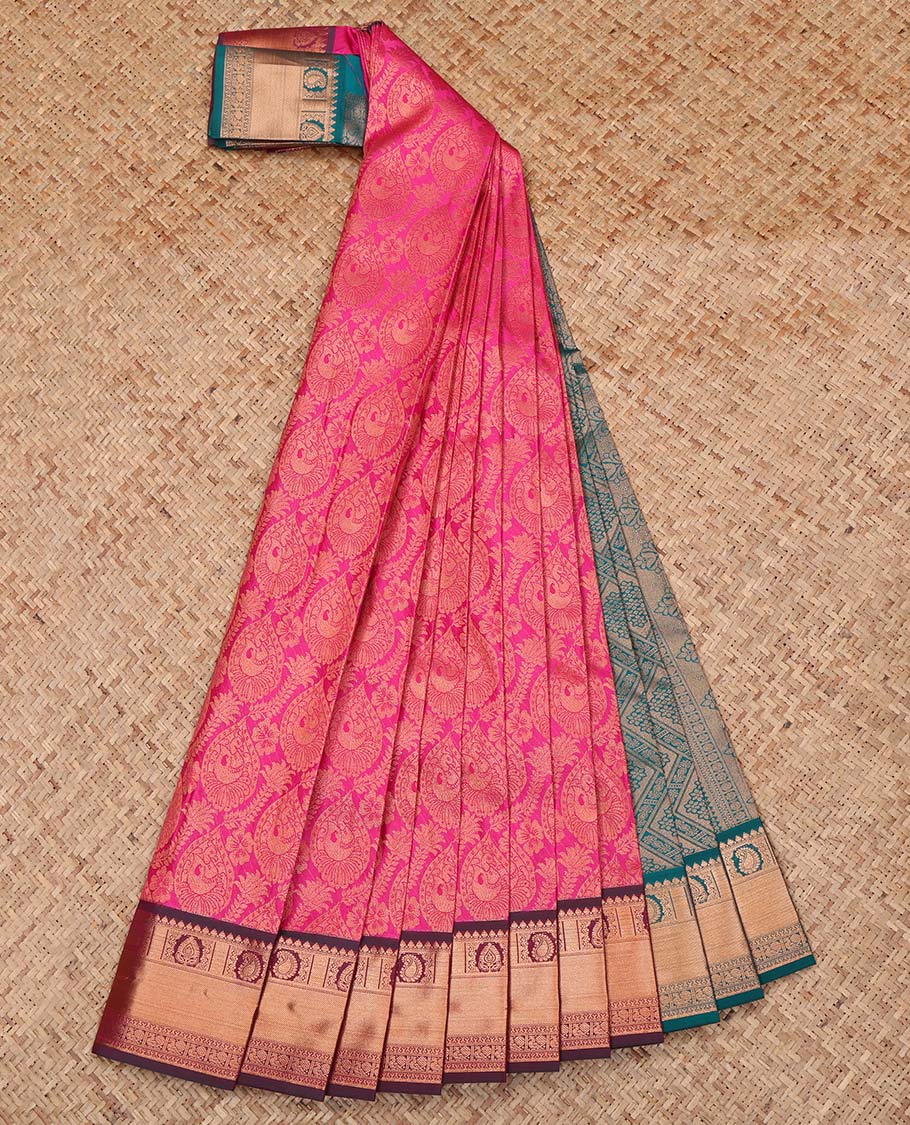 Pink Budget Silk Saree, Woven with Jacquard Design, Complemented by a Contrast Traditional Zari Border, Grand Jaal Pallu, and a Contrast Blouse