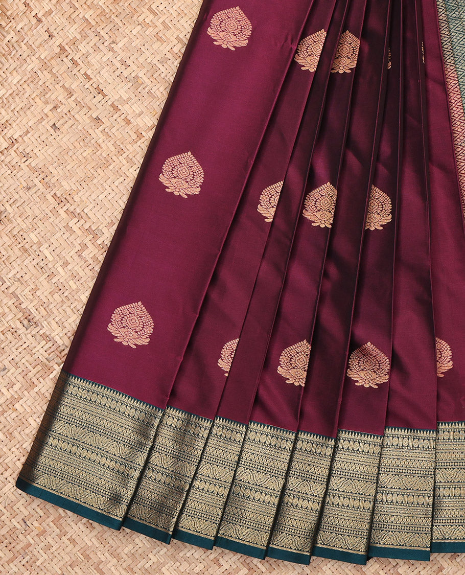Wine Budget Silk Saree, Accentuated with Zari Buttas, Complemented by a Contrast Traditional Zari Border, Jaal Pallu, and a Contrast Blouse