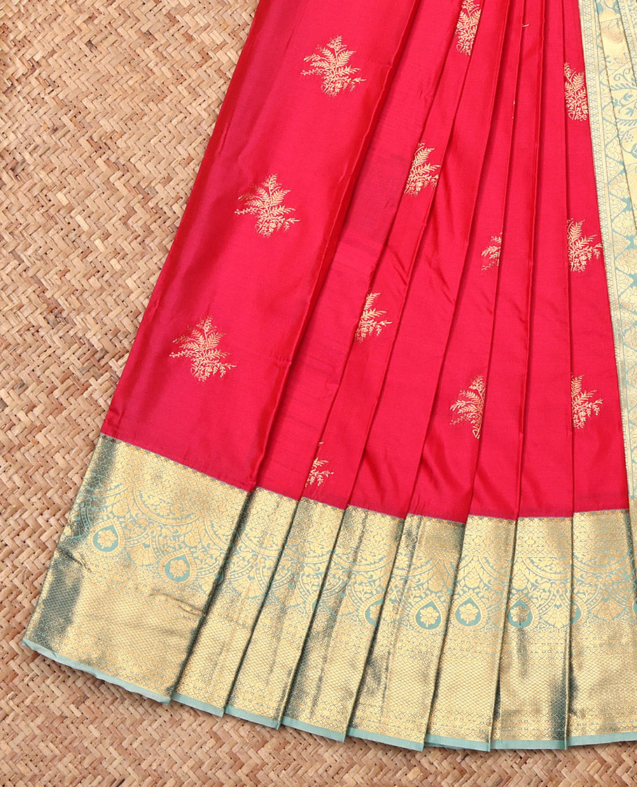 Red Budget Silk Saree, Gleamed Up with Zari Buttas, Complemented by a Contrast Traditional Border, Grand Pallu, and a Contrast Blouse