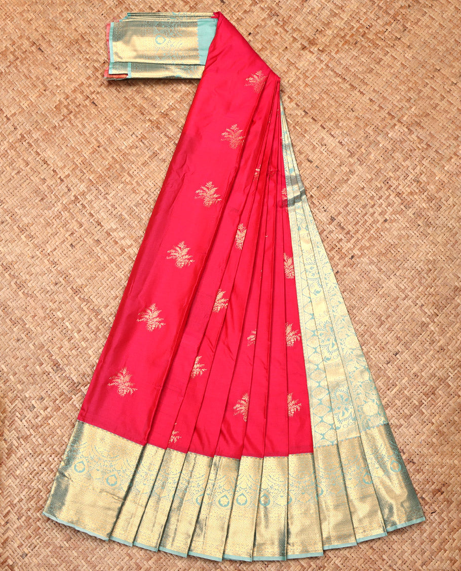 Red Budget Silk Saree, Gleamed Up with Zari Buttas, Complemented by a Contrast Traditional Border, Grand Pallu, and a Contrast Blouse