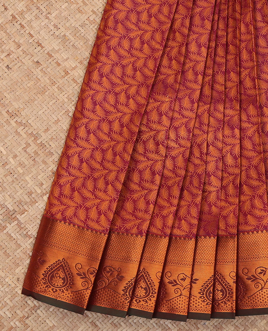 Wine Budget Silk Saree, Detailed with Jacquard Design, a Contrast Traditional Zari Border, Grand Pallu, and a Contrast Blouse
