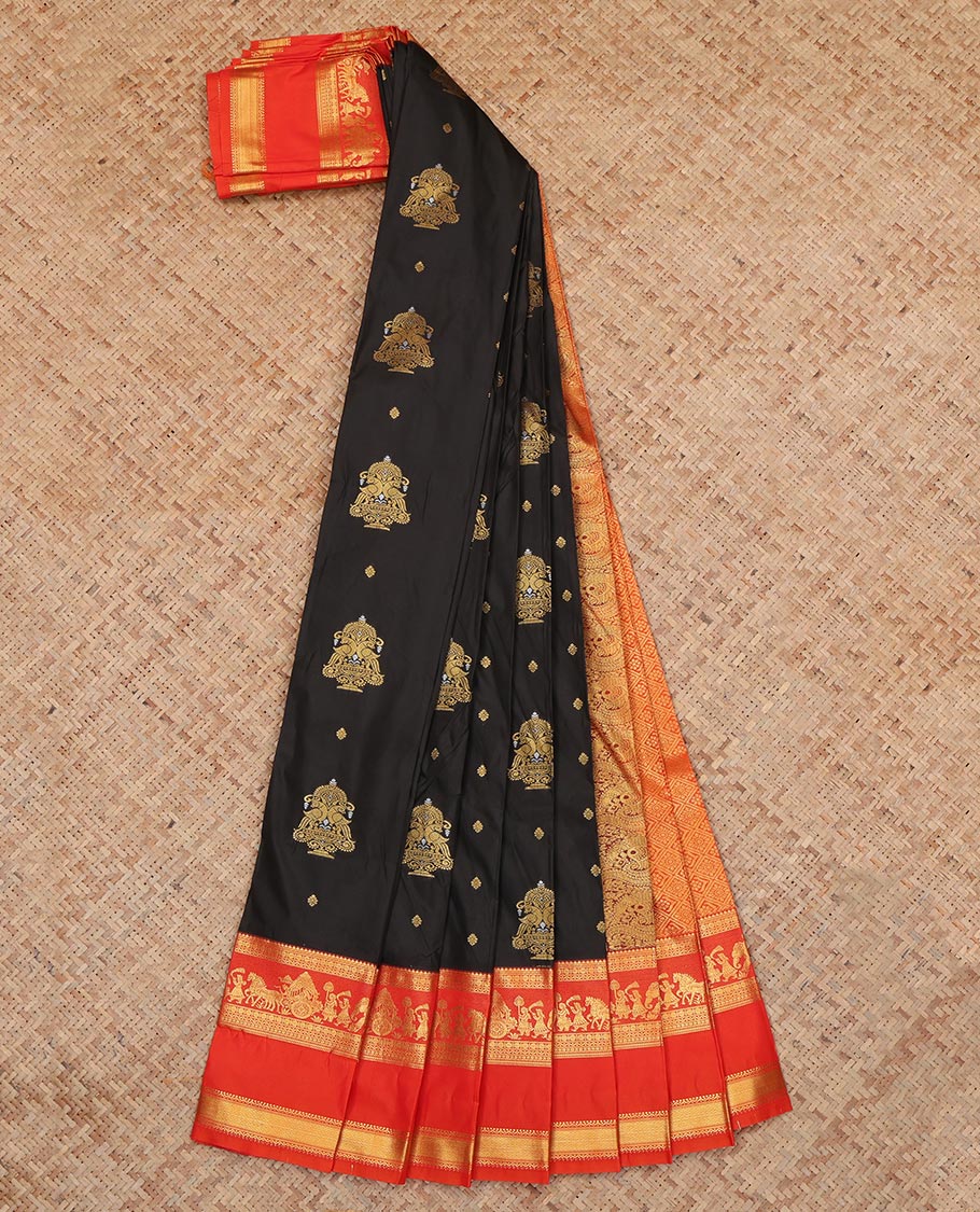 Black Budget Silk Saree, Adorned with Zari Buttas, a Contrast Traditional Wedding Themed Zari Border, a Grand Pallu and a Contrast Blouse