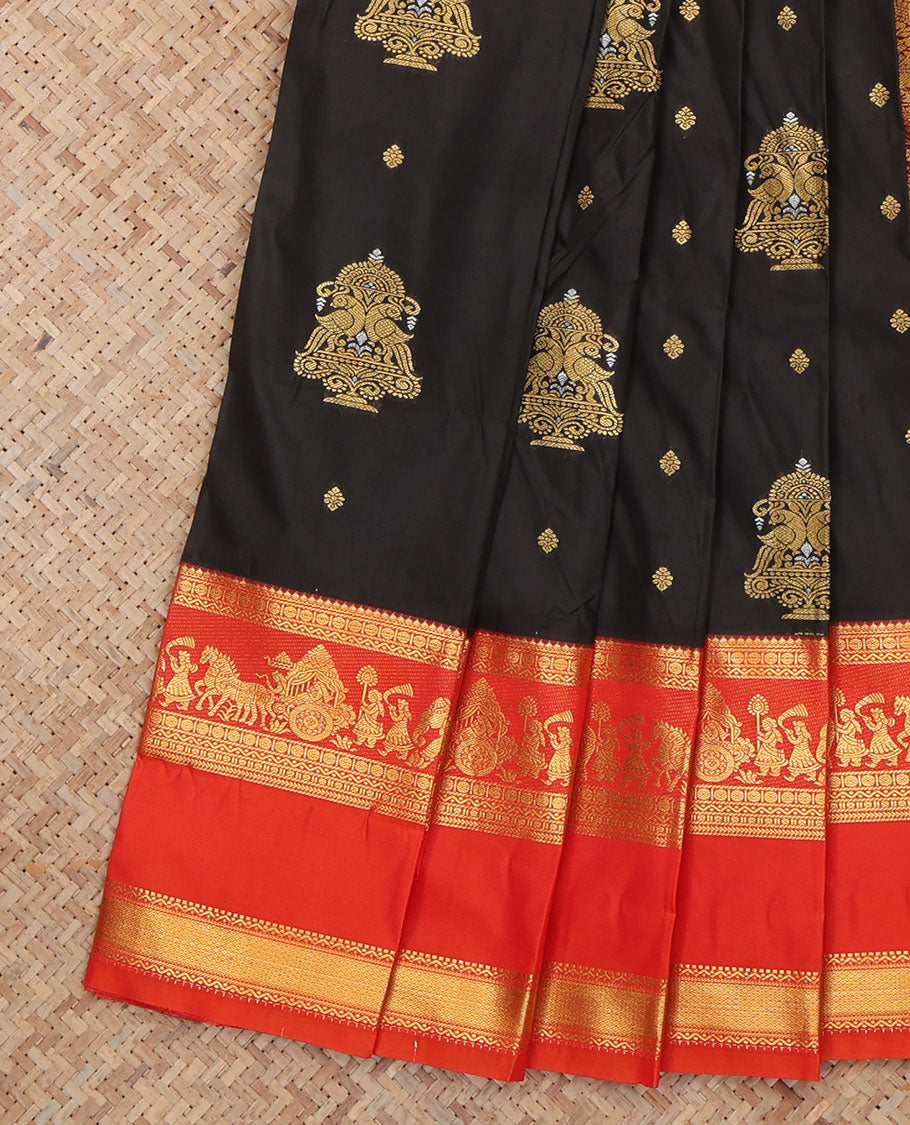 Black Budget Silk Saree, Adorned with Zari Buttas, a Contrast Traditional Wedding Themed Zari Border, a Grand Pallu and a Contrast Blouse