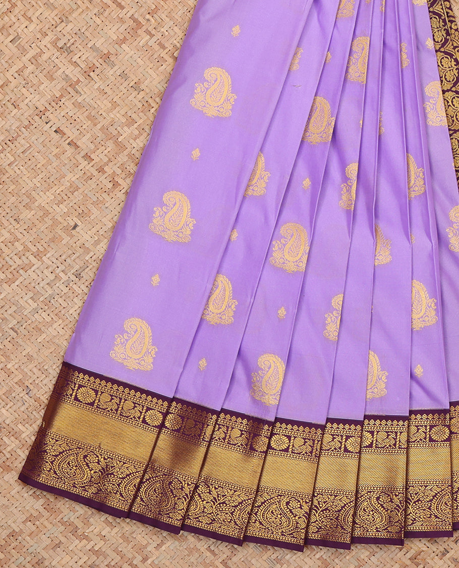 Lavender Budget Silk Saree, Accentuated with Zari Buttas, Complemented by a Contrast Traditional Zari Border, Grand Pallu, and Contrast Blouse