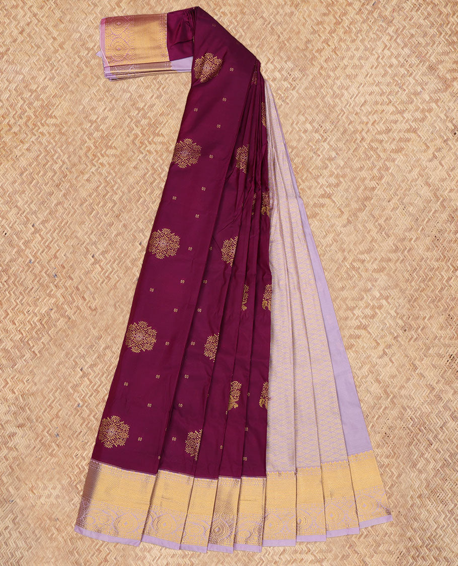 Purple Budget Silk Saree, Enthralled with Zari Buttas, a Contrast Traditional Zari Border, Grand Jaal Pallu, and a Contrast Blouse