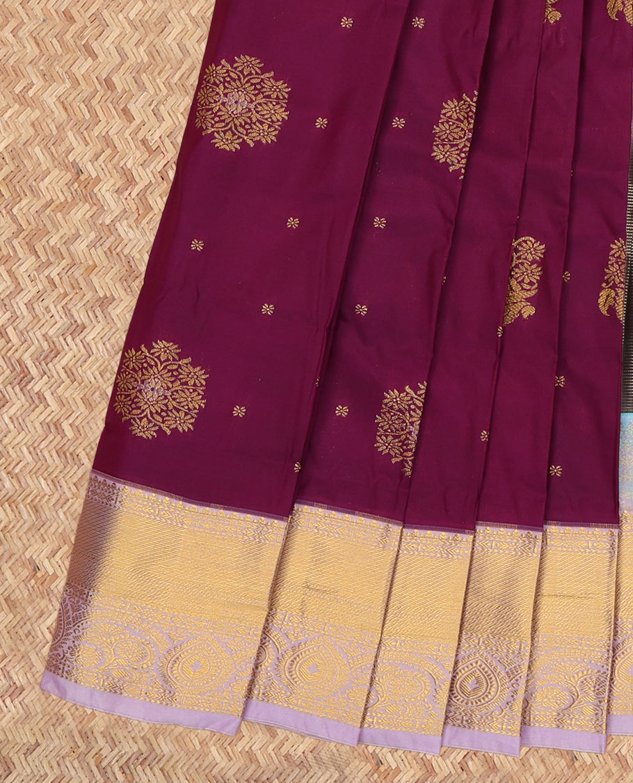 Purple Budget Silk Saree, Enthralled with Zari Buttas, a Contrast Traditional Zari Border, Grand Jaal Pallu, and a Contrast Blouse