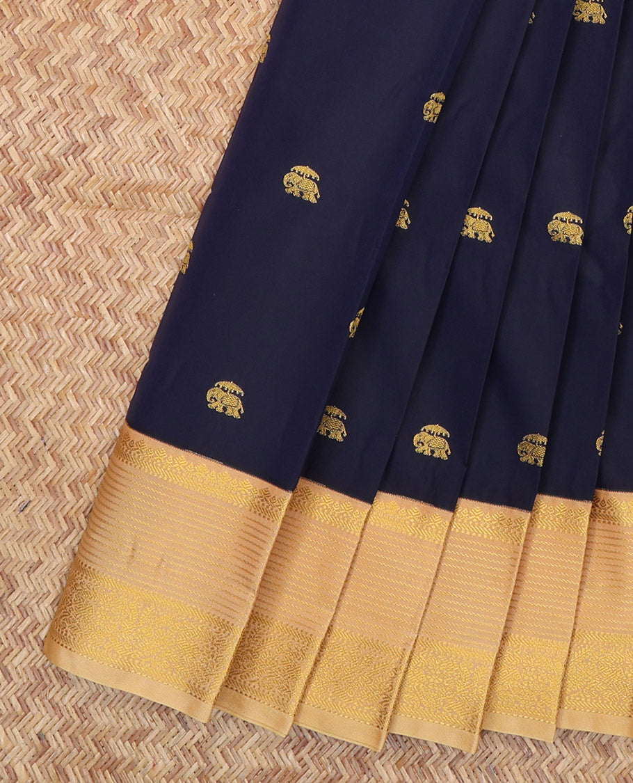 Blue Budget Silk Saree, Artfully Detailed with Peacock Buttas, a Contrast Traditional Zari Border, Grand Pallu, and a Contrast Blouse