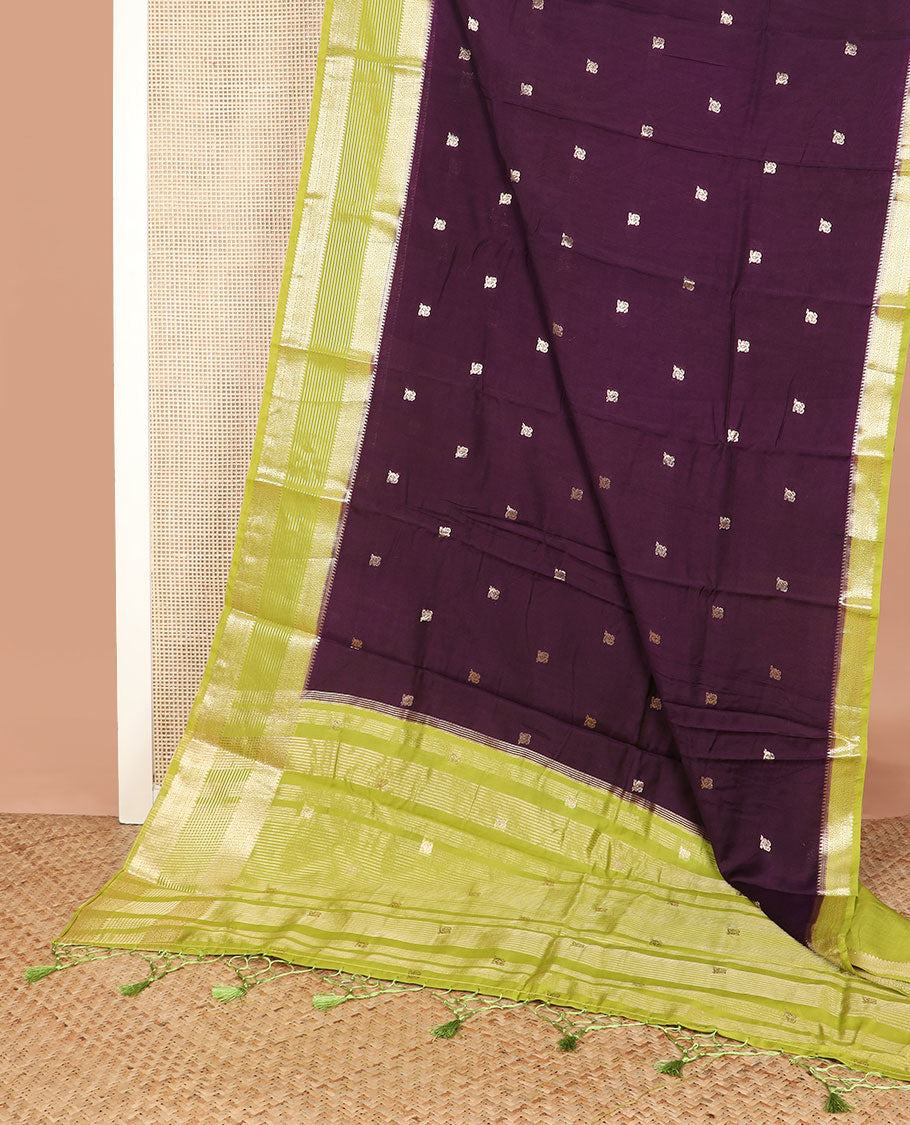 Eggplant purple peacock buttas assam silk saree, contrast traditional zari border, and pallu of zari design