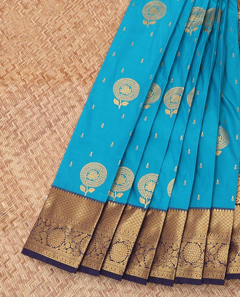 Blue Budget Silk Saree, Spotlighted with Zari Buttas, Complemented by Contrast Traditional Zari Border, a Grand Jaal Pallu and a Contrast Blouse