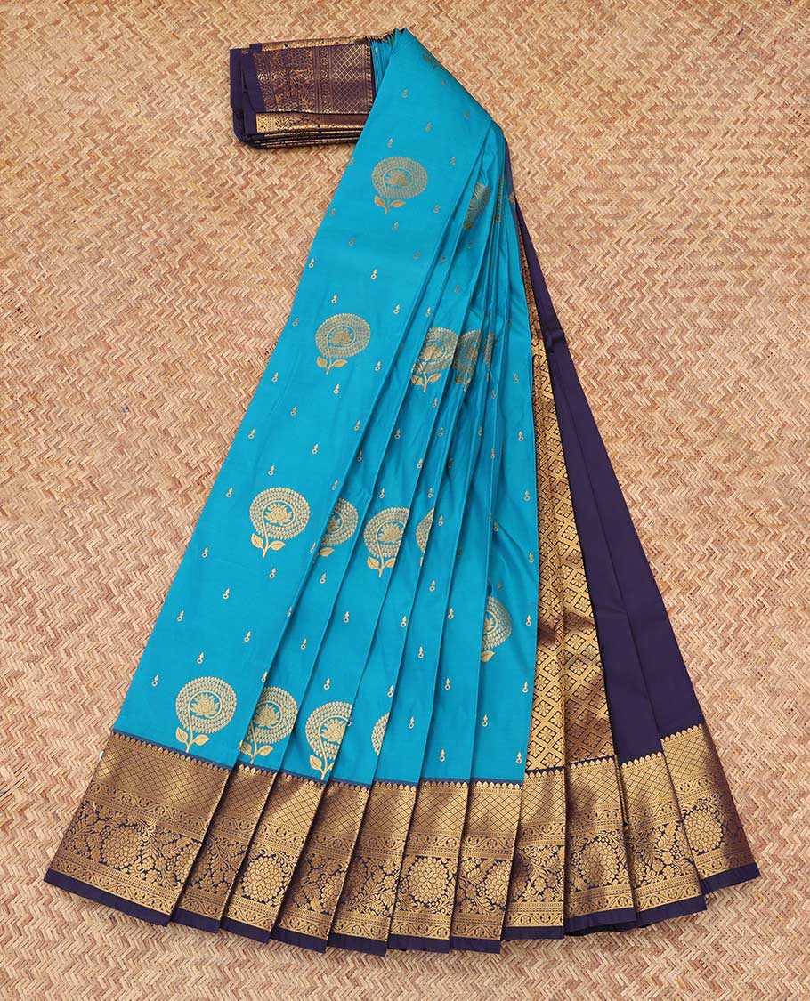 Blue Budget Silk Saree, Spotlighted with Zari Buttas, Complemented by Contrast Traditional Zari Border, a Grand Jaal Pallu and a Contrast Blouse