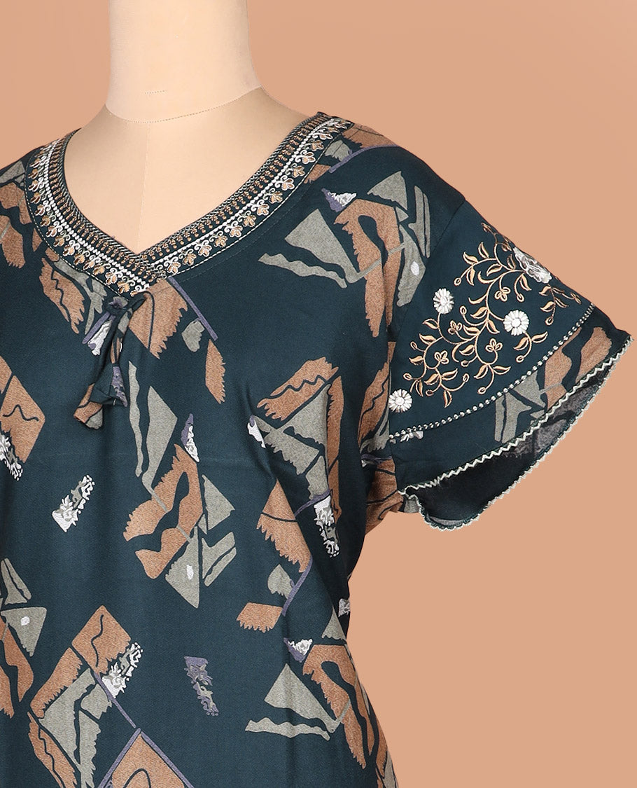Green geometric motifs printed with leaf-neck lace embroidered half-sleeve cotton nighty