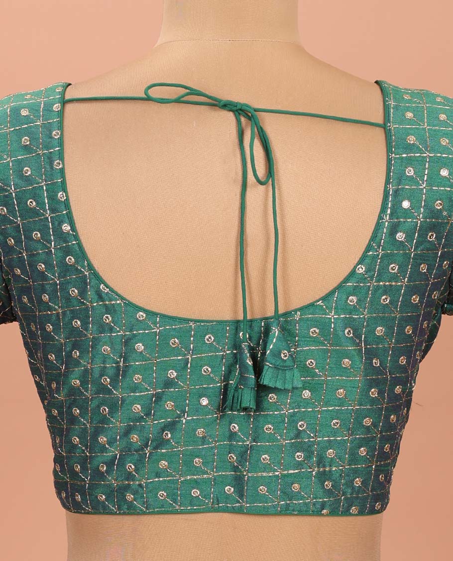 Green Readymade Blouse Mesmerized with Sequin Embroidery, Featuring a Front Round-Neck, Back Round-Neck, and Elbow Sleeves