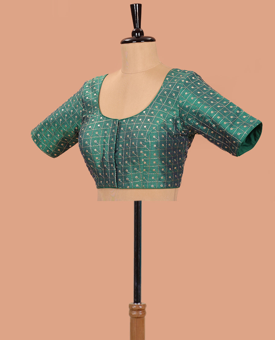 Green Readymade Blouse Mesmerized with Sequin Embroidery, Featuring a Front Round-Neck, Back Round-Neck, and Elbow Sleeves